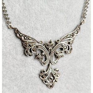 Sterling Silver Ornate Marcasite Necklace 24" Art Deco Style Antique 1930s